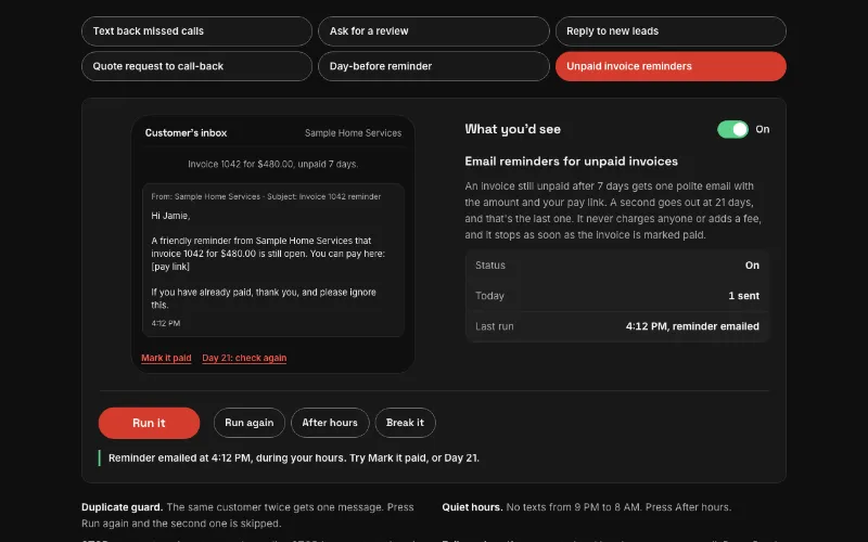 Preview of the email reminders for unpaid invoices automation demo, a customer phone beside the owner card