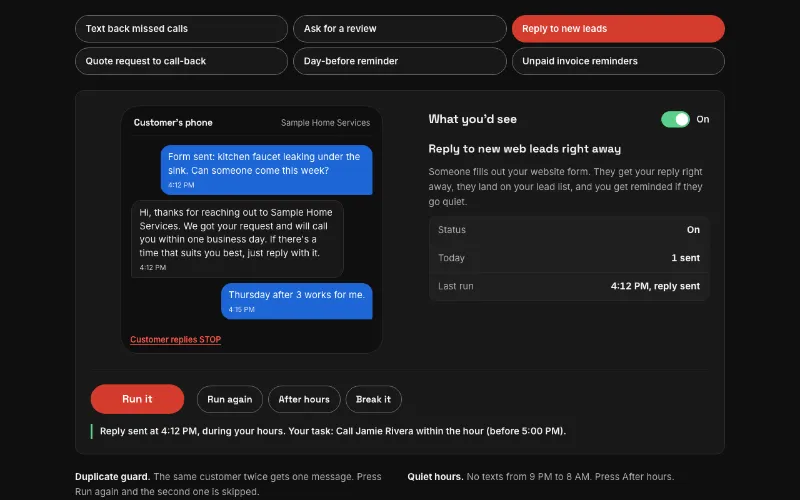 Preview of the reply to new web leads right away automation demo, a customer phone beside the owner card