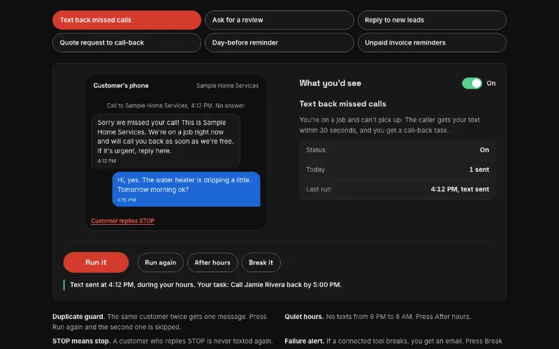 Preview of the text back missed calls automation demo, a customer phone beside the owner card