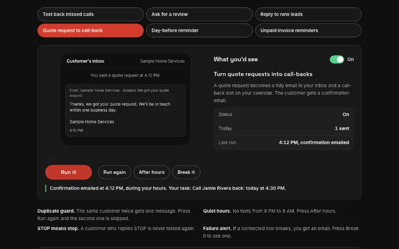 Preview of the turn quote requests into call-backs automation demo, a customer phone beside the owner card