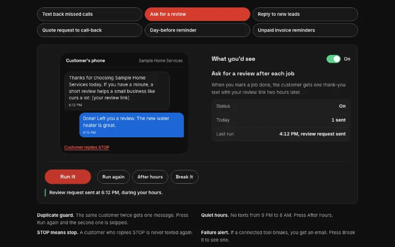 Preview of the ask for a review after each job automation demo, a customer phone beside the owner card