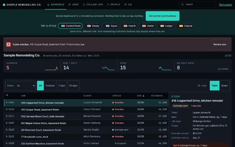 Preview of the contractor or remodeler dashboard demo in the Control Room style, for the made-up Sample Remodeling Co.