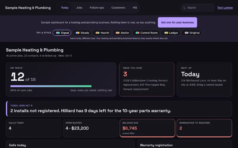 Preview of the hvac, plumbing or electrical dashboard demo in the Signal style, for the made-up Sample Heating & Plumbing