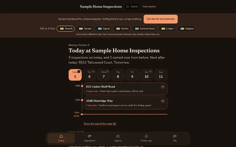 Preview of the home inspector dashboard demo in the Hearth style, for the made-up Sample Home Inspections