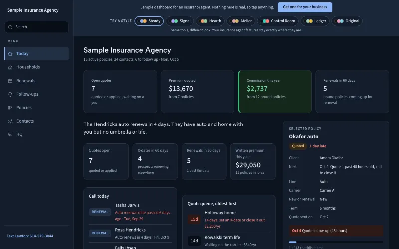 Preview of the insurance agent dashboard demo in the Steady style, for the made-up Sample Insurance Agency