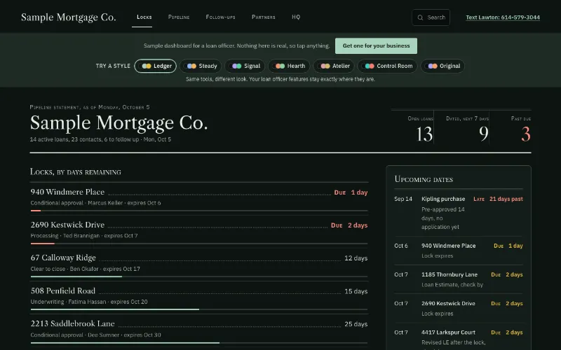 Preview of the mortgage lender dashboard demo in the Ledger style, for the made-up Sample Mortgage Co.