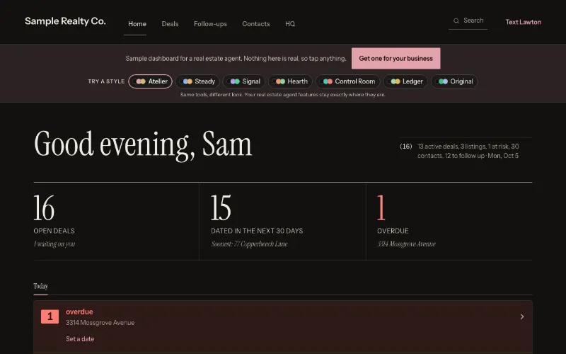 Preview of the real estate agent dashboard demo in the Atelier style, for the made-up Sample Realty Co.