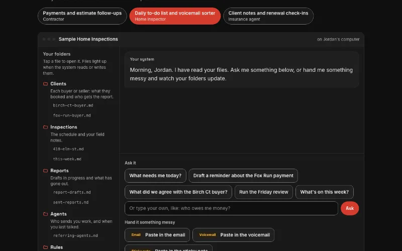 Preview of the daily to-do list and voicemail sorter custom system demo, for a home inspector