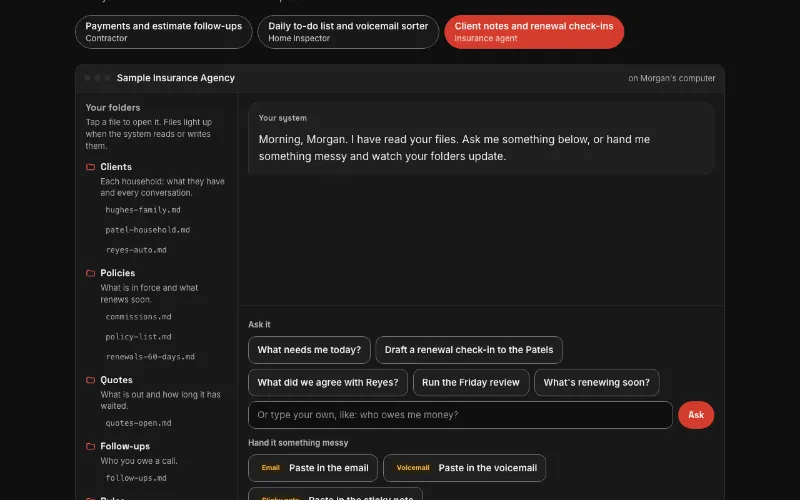 Preview of the client notes and renewal check-ins custom system demo, for an insurance agent