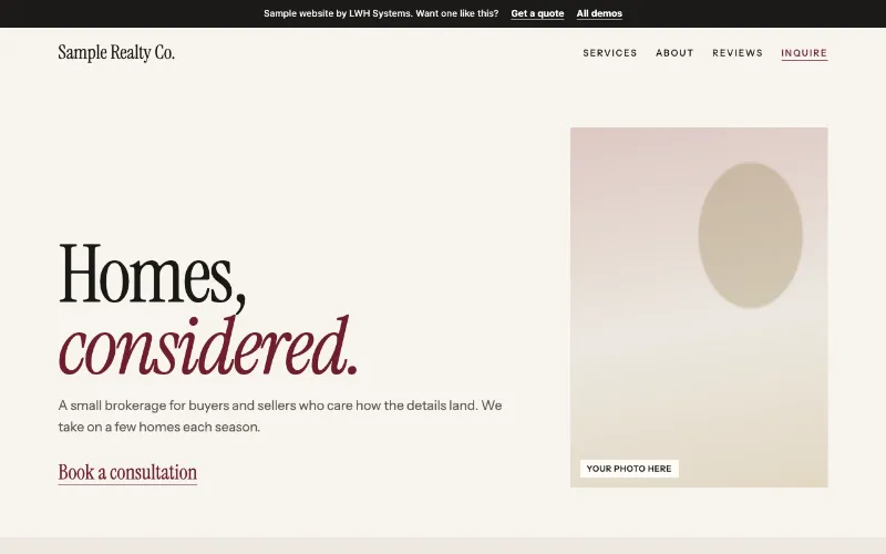 Preview of the Sample Realty Co. sample website in the Atelier style