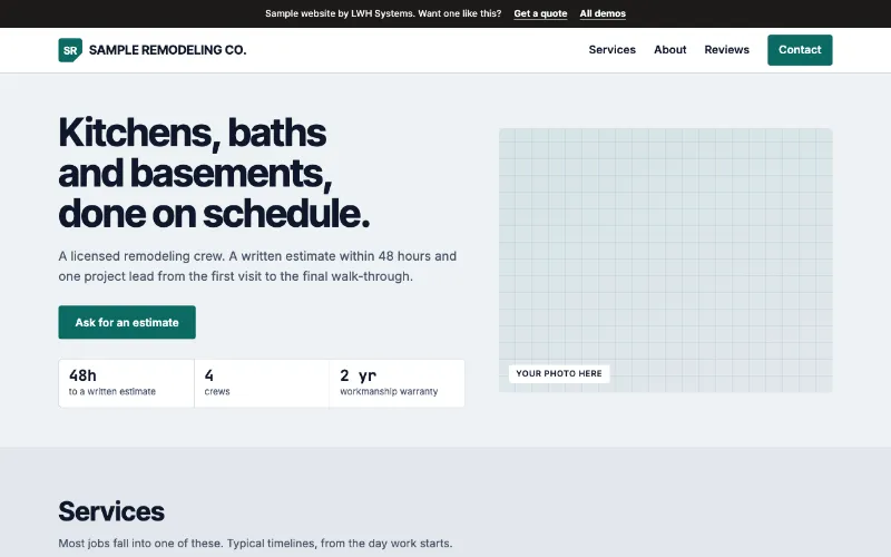 Preview of the Sample Remodeling Co. sample website in the Control Room style