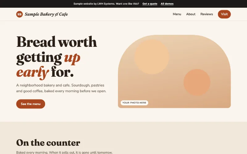 Preview of the Sample Bakery & Cafe sample website in the Hearth style
