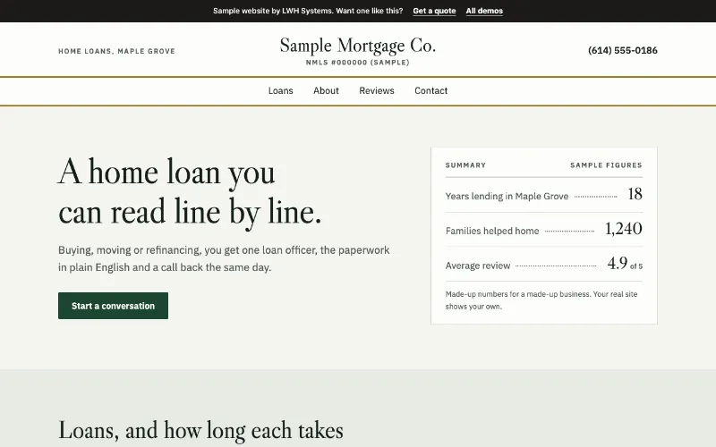 Preview of the Sample Mortgage Co. sample website in the Ledger style