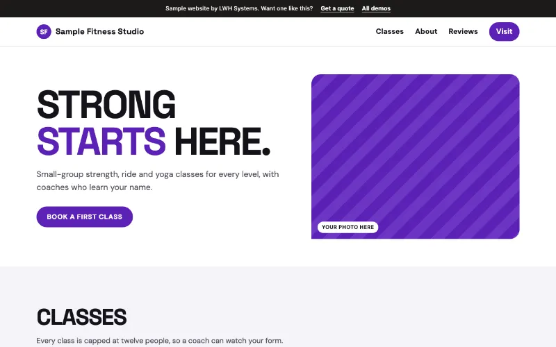 Preview of the Sample Fitness Studio sample website in the Signal style