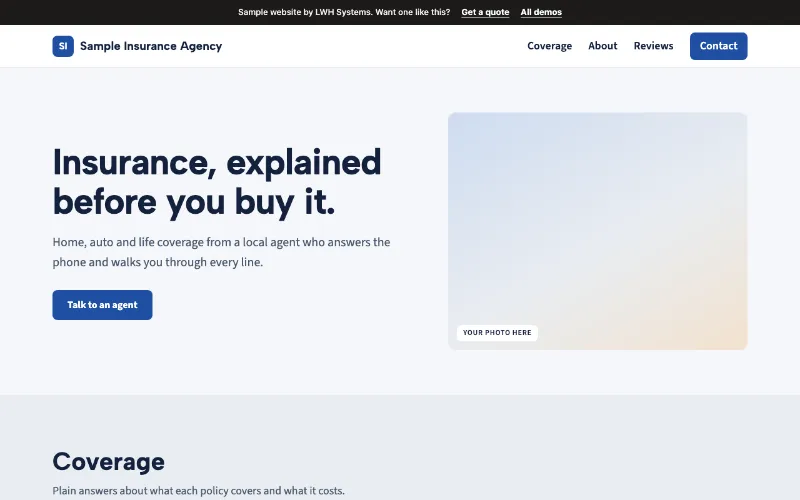 Preview of the Sample Insurance Agency sample website in the Steady style